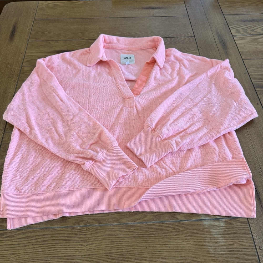 Aerie Polo Sweatshirt Women's L Coral Pink Slub Knit V-Neck Relaxed Athleisure - Picture 8 of 10